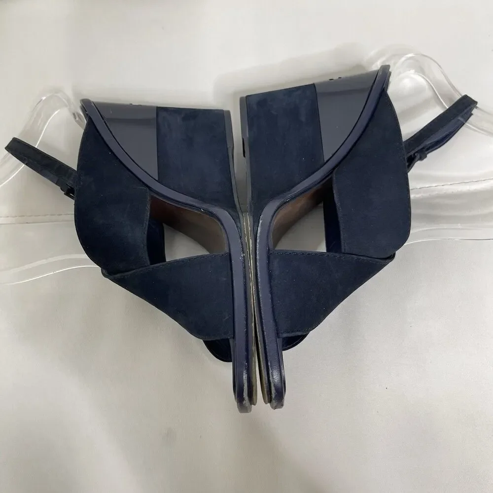 Tory Burch Slingback Wedge Sandals 7.5 Blue Suede Gabrielle Quiet Luxury Shoes